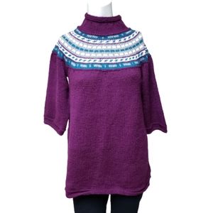 Handmade medium knit magenta & teal soft 3/4 sleeve mock neck sweater